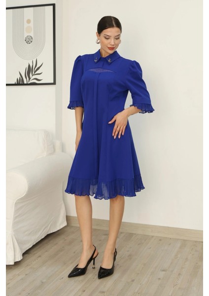 Gömlek Yaka Fırfır ve Tül Detaylı Elbise 2309-SAKS fırsatları