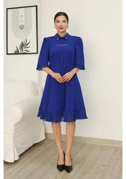 Gömlek Yaka Fırfır ve Tül Detaylı Elbise 2309-SAKS indirimleri