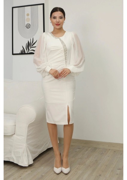 Taş Işlemeli Balon Kollu Pileli Midi Elbise 2334-BEYAZ
