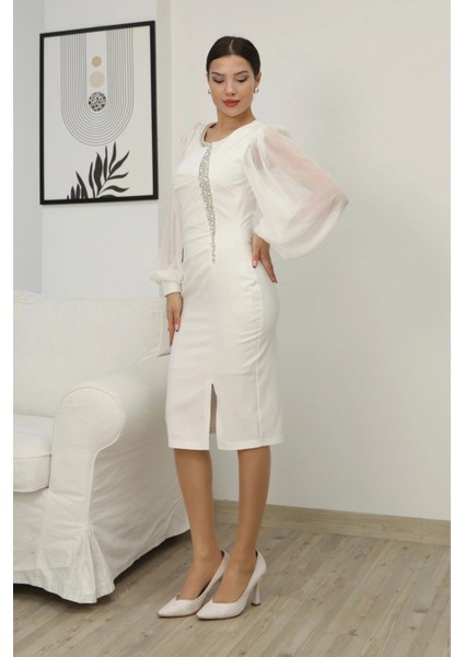 Taş Işlemeli Balon Kollu Pileli Midi Elbise 2334-BEYAZ indirimleri