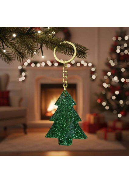 2411 El Yapımı Yeşil Çam Ağacı Temalı Epoksi Anahtarlık / 5 cm