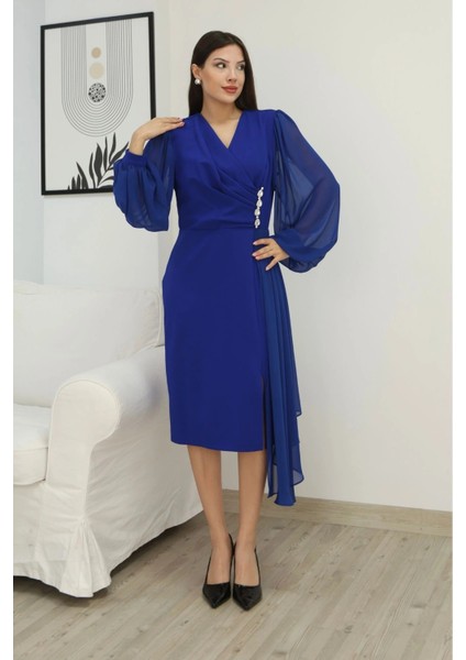 Kruvaze Yaka Bel Şifon Detaylı Balon Kol Abiye Elbise 2263-SAKS