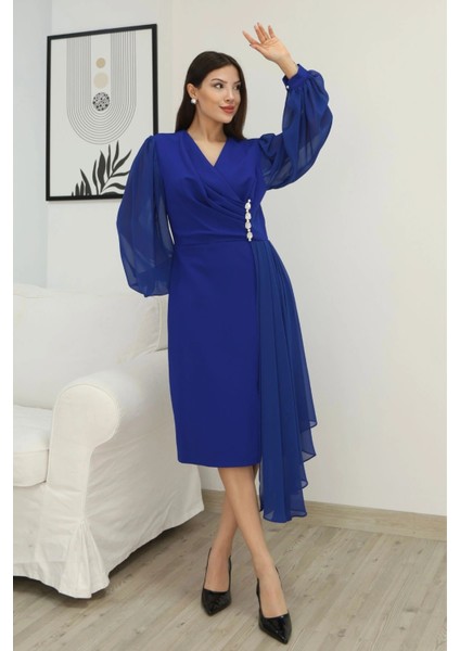 Kruvaze Yaka Bel Şifon Detaylı Balon Kol Abiye Elbise 2263-SAKS fiyatları