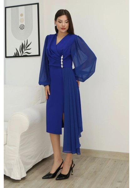 Kruvaze Yaka Bel Şifon Detaylı Balon Kol Abiye Elbise 2263-SAKS fırsatları
