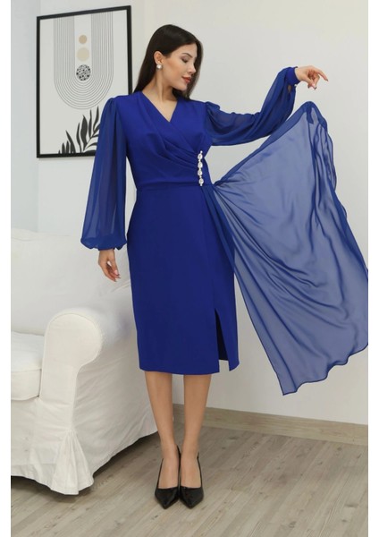 Kruvaze Yaka Bel Şifon Detaylı Balon Kol Abiye Elbise 2263-SAKS indirimleri