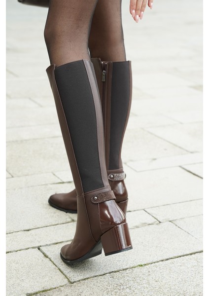 Kadın Fermuarlı Günlük Klasik Topuklu Çizme Aret Kahve