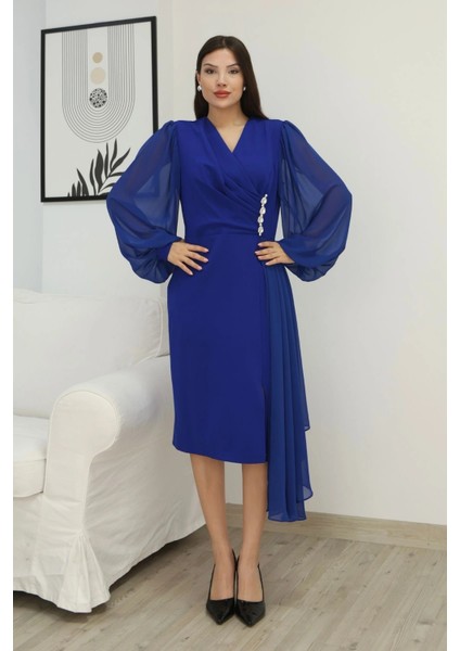 Kruvaze Yaka Bel Şifon Detaylı Balon Kol Abiye Elbise 2263-SAKS modelleri