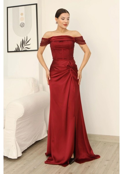 Straplez Yaka File ve Bel Detaylı Saten Abiye Elbise 2368-BORDO