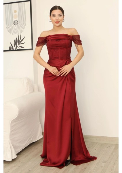 Straplez Yaka File ve Bel Detaylı Saten Abiye Elbise 2368-BORDO fiyatları