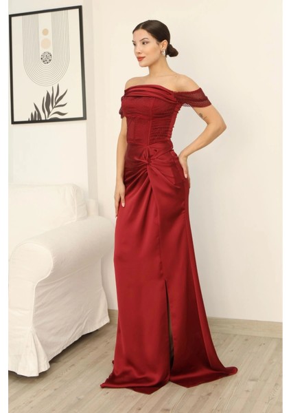 Straplez Yaka File ve Bel Detaylı Saten Abiye Elbise 2368-BORDO fırsatları