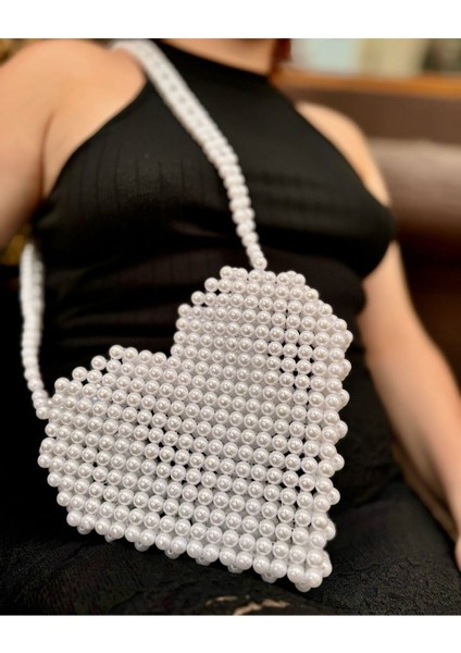 Askılı Inci Boncuk Kalp Çanta