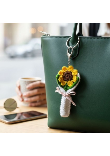 7906 El Yapımı Ayçiçeği Temalı Örgü Mini Anahtarlık