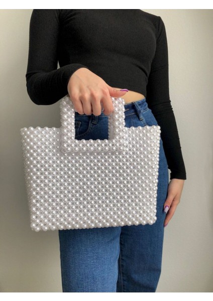 Büyük Boy Beyaz Inci El Çantası