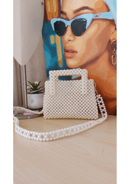 Krem Incili Kol Askılı El Çantası