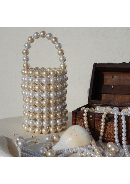 Krem & Beyaz Inci Altın Boncuk Silindir Çanta