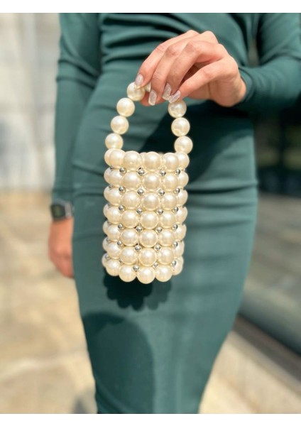 Gümüş Boncuk Detaylı Mini Silindir Süs Çantası