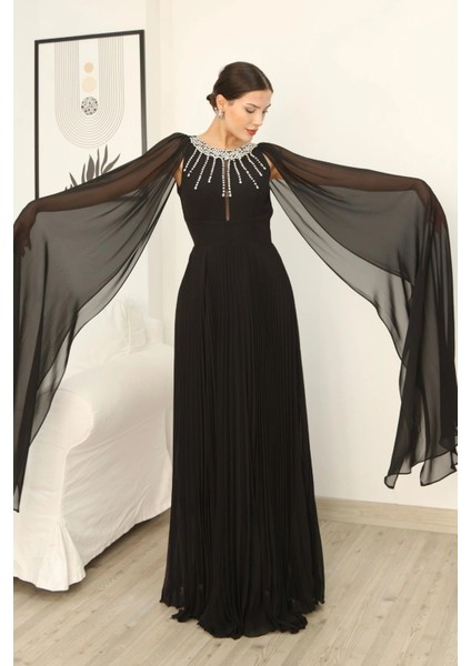 Pelerin Kollu Taş Işlemeli ve Bel Detaylı Abiye Elbise 2256-SIYAH fiyatları