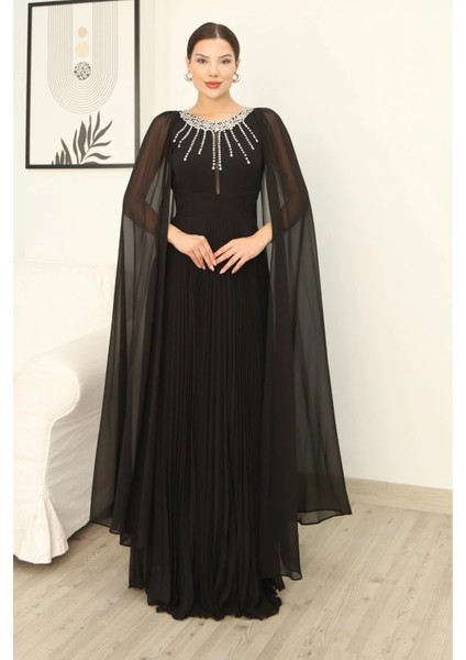 Pelerin Kollu Taş Işlemeli ve Bel Detaylı Abiye Elbise 2256-SIYAH fırsatları