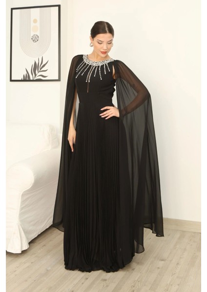 Pelerin Kollu Taş Işlemeli ve Bel Detaylı Abiye Elbise 2256-SIYAH indirimleri