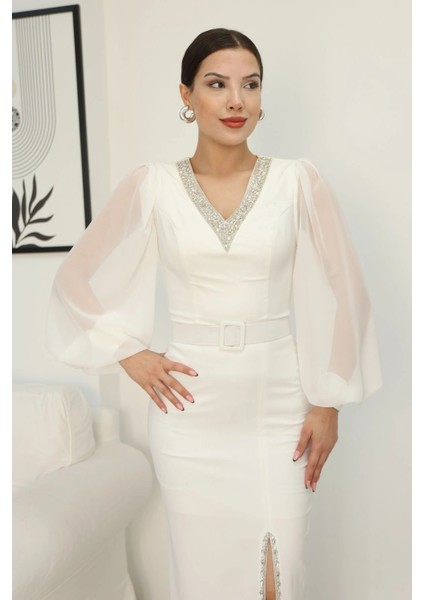 V Yaka Taş Detaylı Yırtmaçlı Balon Kol Abiye Elbise 2332-BEYAZ indirimleri