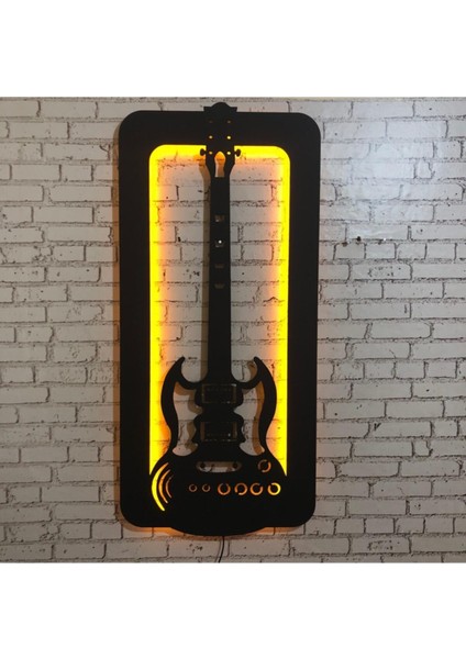 Üç Boyutlu LED Işıklı Ahşap Tablo Gitar Figürü Duvar Dekorasyonu 35 x 70