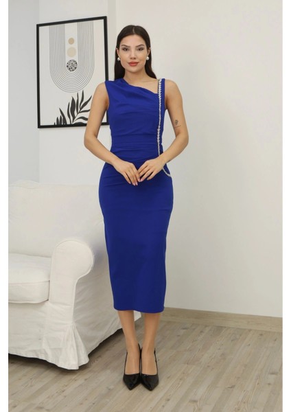 Taş ve Pile Detaylı Asimetrik Yaka Elbise 2230-SAKS