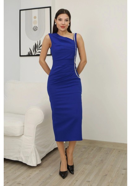 Taş ve Pile Detaylı Asimetrik Yaka Elbise 2230-SAKS modelleri