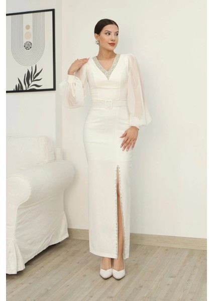 V Yaka Taş Detaylı Yırtmaçlı Balon Kol Abiye Elbise 2332-BEYAZ fiyatları