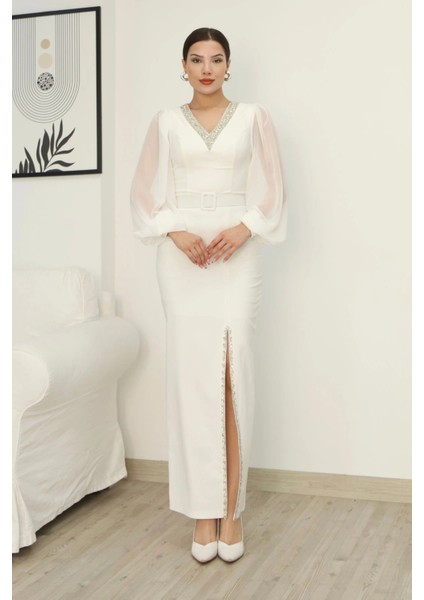V Yaka Taş Detaylı Yırtmaçlı Balon Kol Abiye Elbise 2332-BEYAZ modelleri