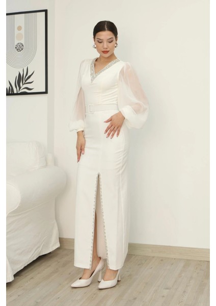 V Yaka Taş Detaylı Yırtmaçlı Balon Kol Abiye Elbise 2332-BEYAZ fırsatları