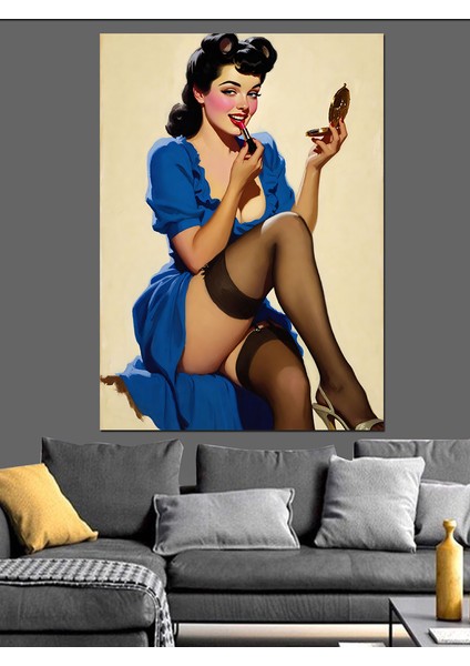 Mavi Elbiseli Retro Pin-Up Dekoratif Kanvas - Mdf Ahşap Tablo modelleri