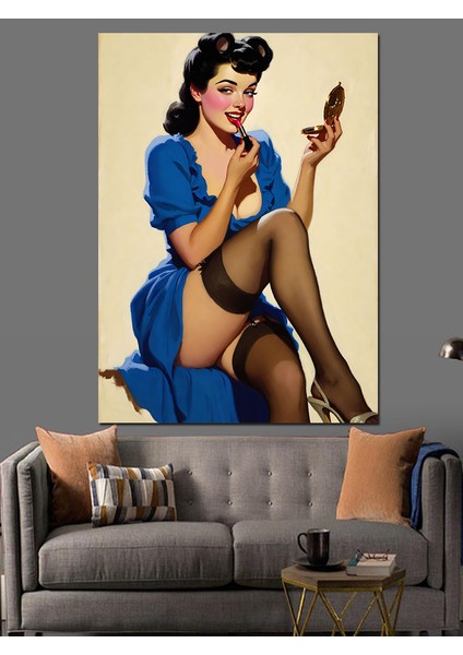 Mavi Elbiseli Retro Pin-Up Dekoratif Kanvas - Mdf Ahşap Tablo fırsatları