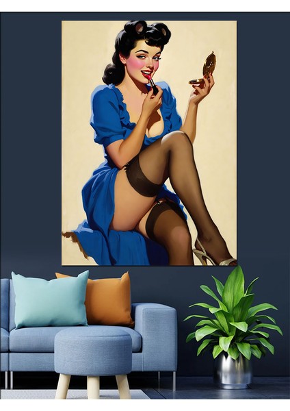 Mavi Elbiseli Retro Pin-Up Dekoratif Kanvas - Mdf Ahşap Tablo indirimleri
