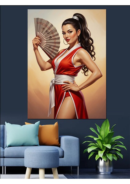 Yelpazeli Kırmızı Elbiseli Kadın Dekoratif Kanvas - Mdf Ahşap Tablo