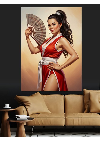 Yelpazeli Kırmızı Elbiseli Kadın Dekoratif Kanvas - Mdf Ahşap Tablo fiyatları