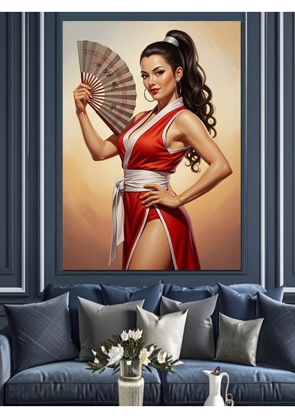 Yelpazeli Kırmızı Elbiseli Kadın Dekoratif Kanvas - Mdf Ahşap Tablo modelleri