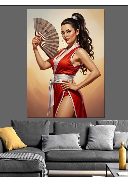 Yelpazeli Kırmızı Elbiseli Kadın Dekoratif Kanvas - Mdf Ahşap Tablo fırsatları