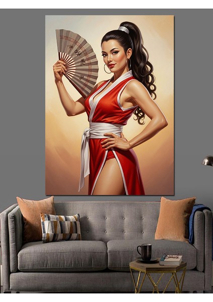Yelpazeli Kırmızı Elbiseli Kadın Dekoratif Kanvas - Mdf Ahşap Tablo indirimleri