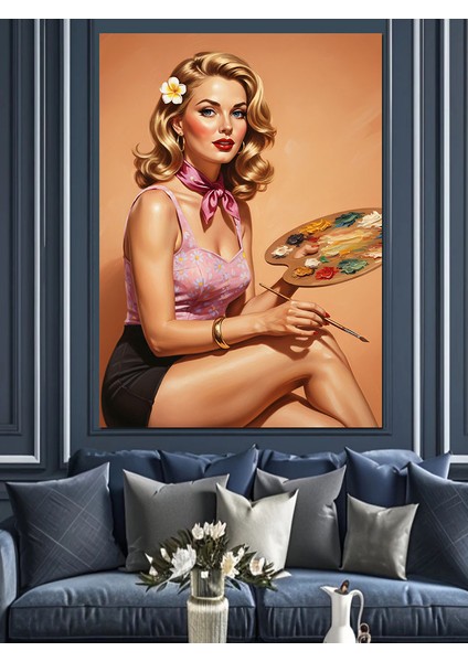 Sarışın Retro Ressam Kadın Dekoratif Kanvas - Mdf Ahşap Tablo fiyatları