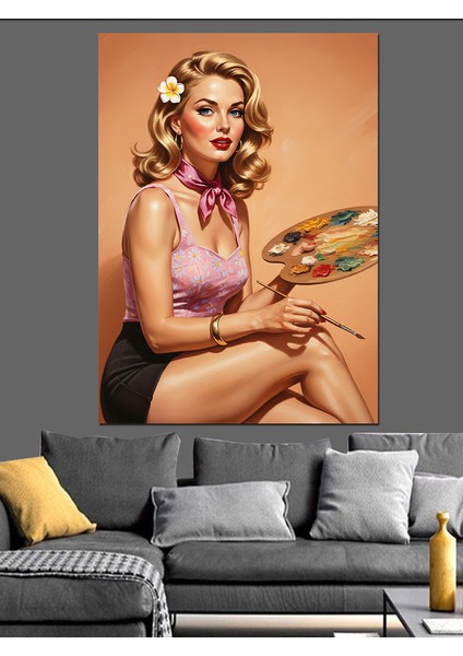 Sarışın Retro Ressam Kadın Dekoratif Kanvas - Mdf Ahşap Tablo modelleri
