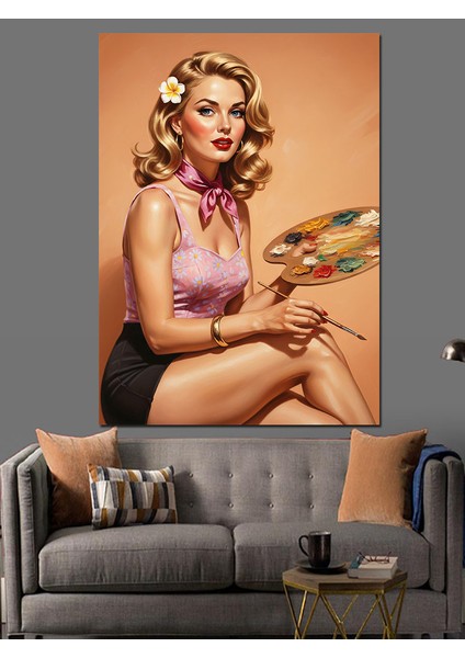 Sarışın Retro Ressam Kadın Dekoratif Kanvas - Mdf Ahşap Tablo fırsatları