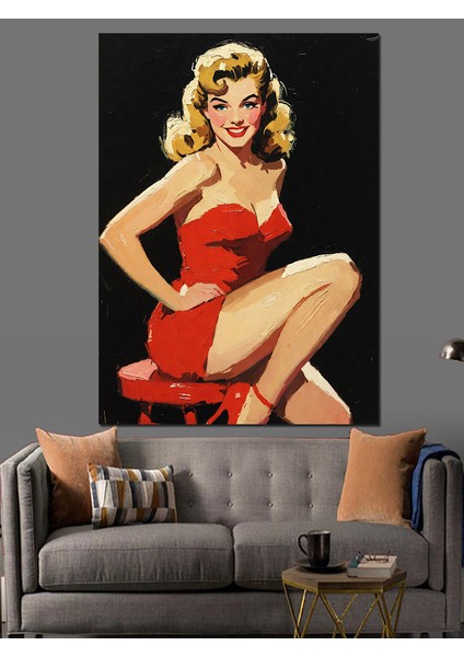 Retro Kırmızı Elbiseli Kadın Dekoratif Kanvas - Mdf Ahşap Tablo