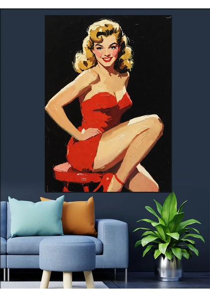 Retro Kırmızı Elbiseli Kadın Dekoratif Kanvas - Mdf Ahşap Tablo fiyatları