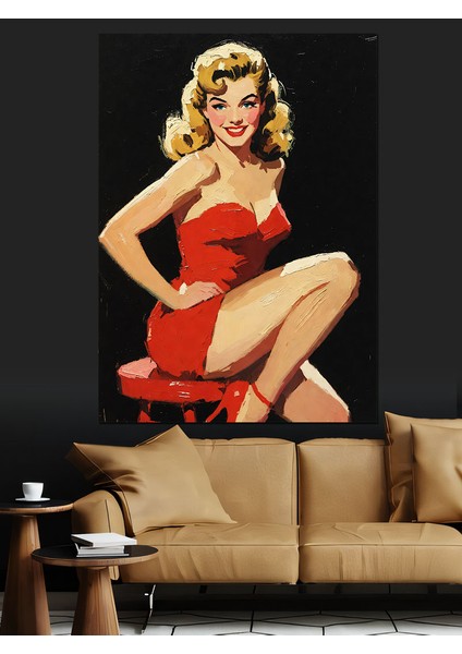 Retro Kırmızı Elbiseli Kadın Dekoratif Kanvas - Mdf Ahşap Tablo modelleri