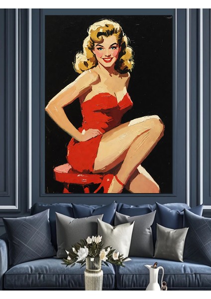 Retro Kırmızı Elbiseli Kadın Dekoratif Kanvas - Mdf Ahşap Tablo fırsatları