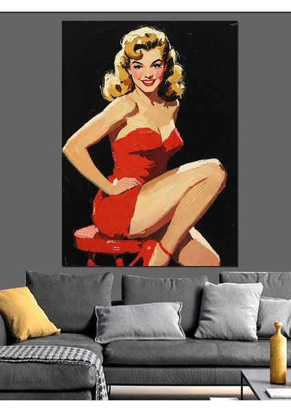 Retro Kırmızı Elbiseli Kadın Dekoratif Kanvas - Mdf Ahşap Tablo indirimleri