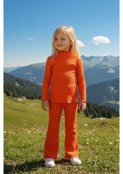 Kız Çocuk Fitilli Oranç Balıkçı Yaka Bluz Tayt Takım