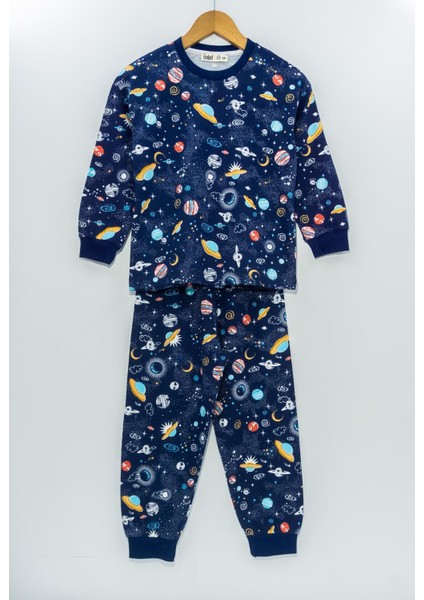 3-8 yaş galaksi ve astronot baskılı %100 pamuk uzun kollu erkek çocuk pijama takımı