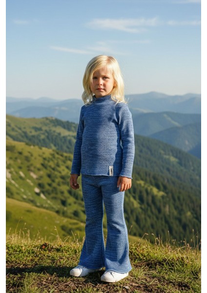 Kız Çocuk Fitilli Esnek Kumaş Balıkcı Yaka Bluz Tayt Takım