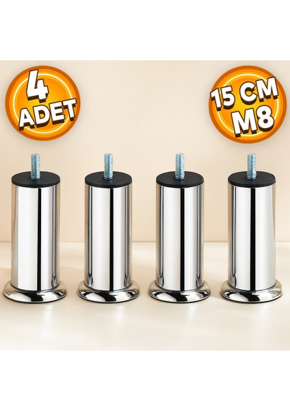 (15 Cm 4 Adet) Mobilya Baza Koltuk Yatak Çekyat Kanepe Yükseltme Ayağı Ince Diş M8 Krom Metal Ayakları